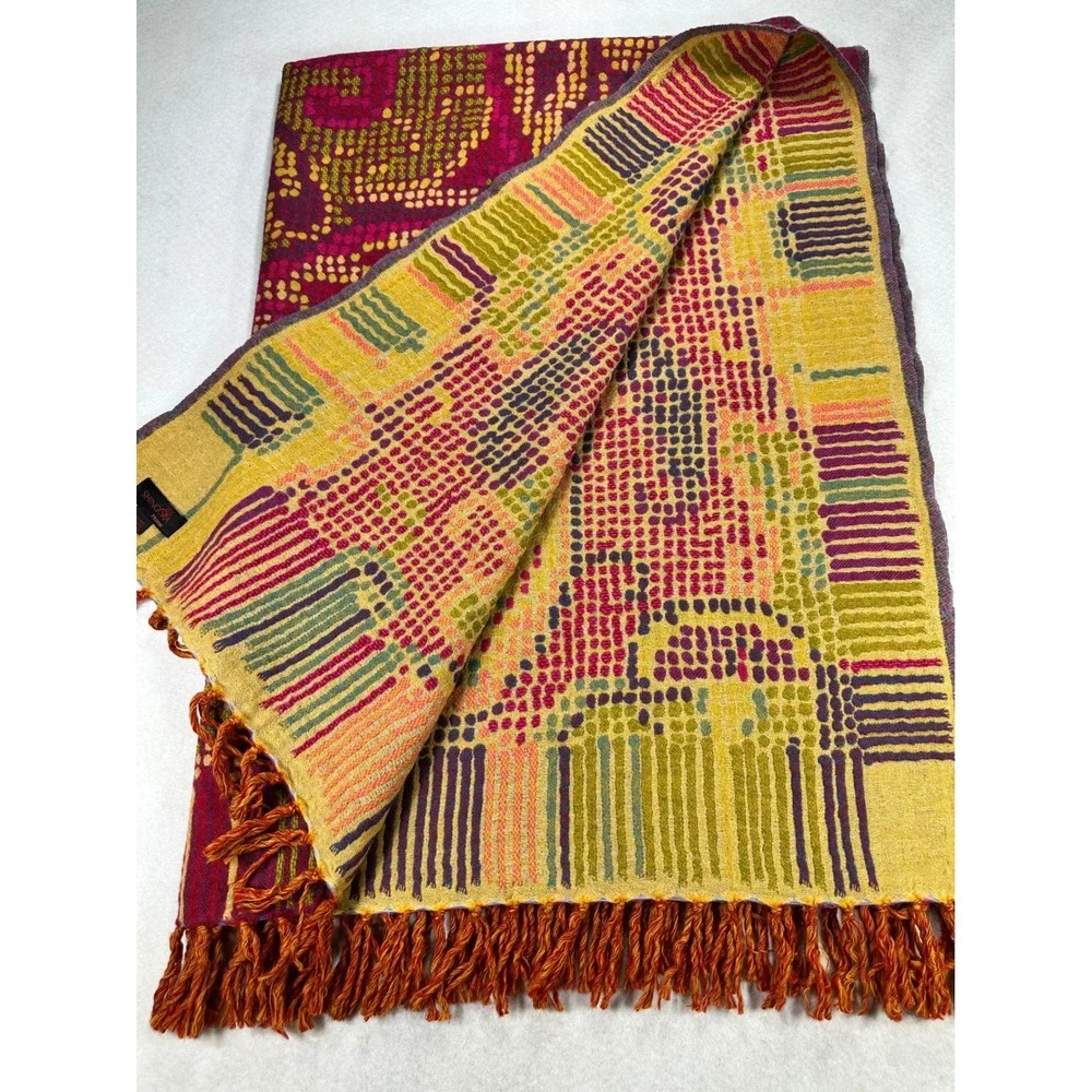Shingora Home 100% Wool Throw Blanket Reversible Paisley Fringe Pink Gold India